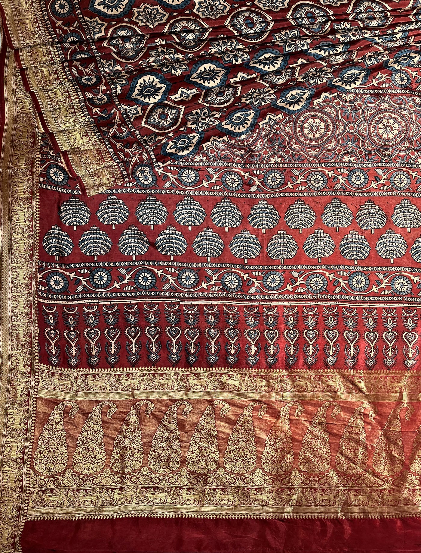 TULSI: Handblock Ajrakh Dola Silk Saree with Meenakari Pallu