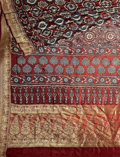 TULSI: Handblock Ajrakh Dola Silk Saree with Meenakari Pallu
