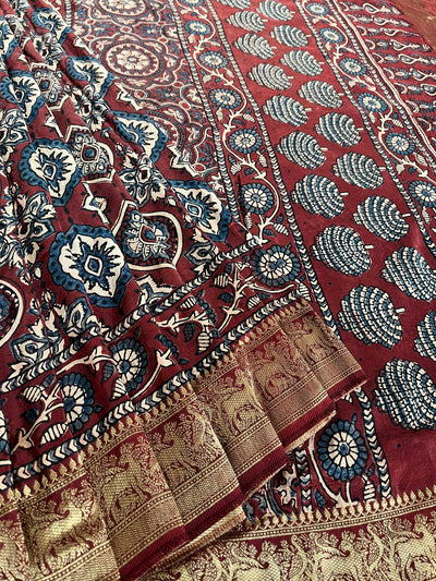 TULSI: Handblock Ajrakh Dola Silk Saree with Meenakari Pallu