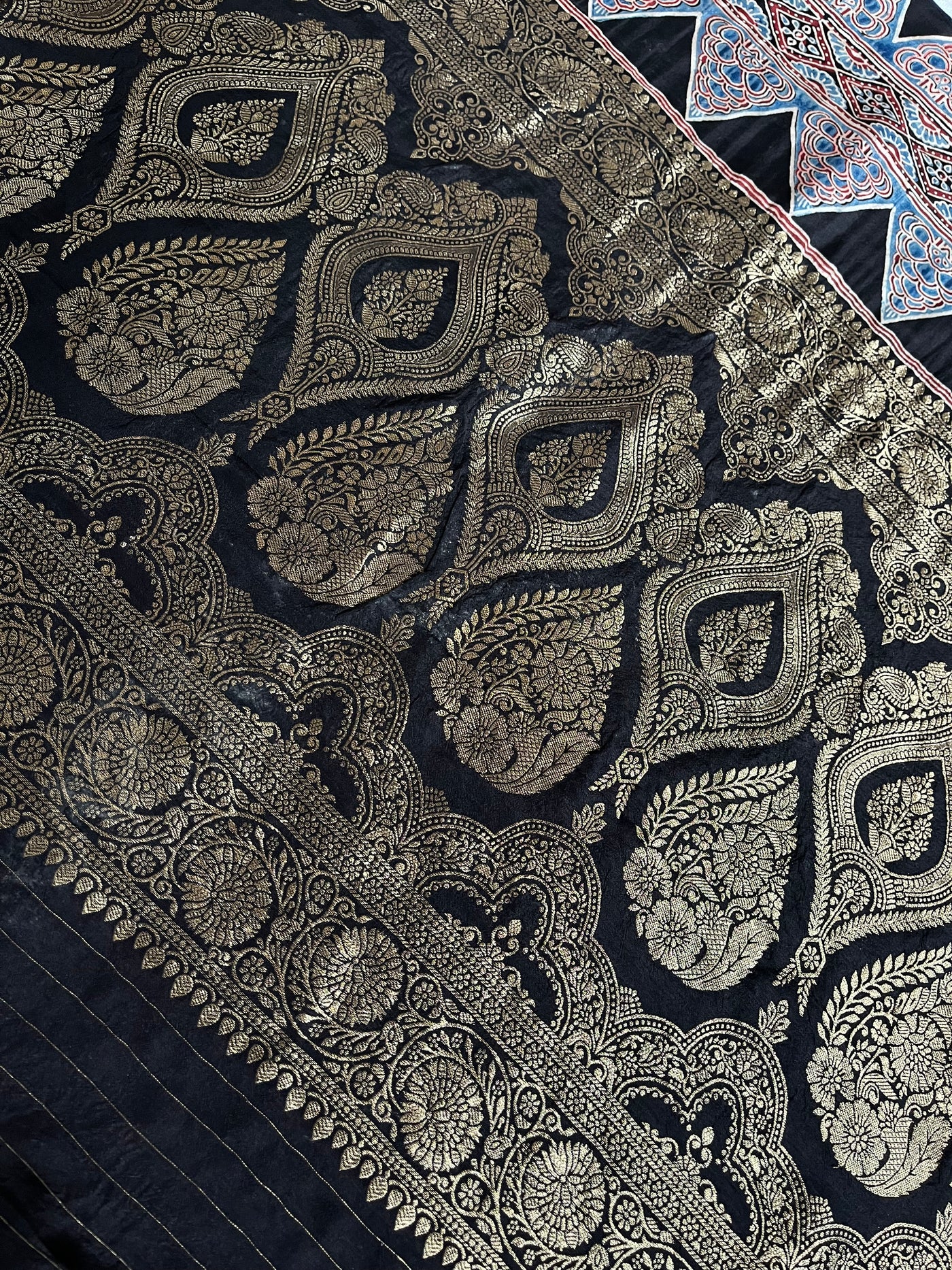 JULI: Handblock Ajrakh Dola Silk Saree with Meenakari Pallu