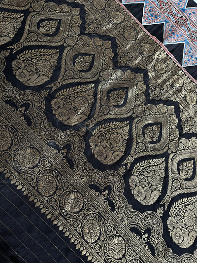 JULI: Handblock Ajrakh Dola Silk Saree with Meenakari Pallu