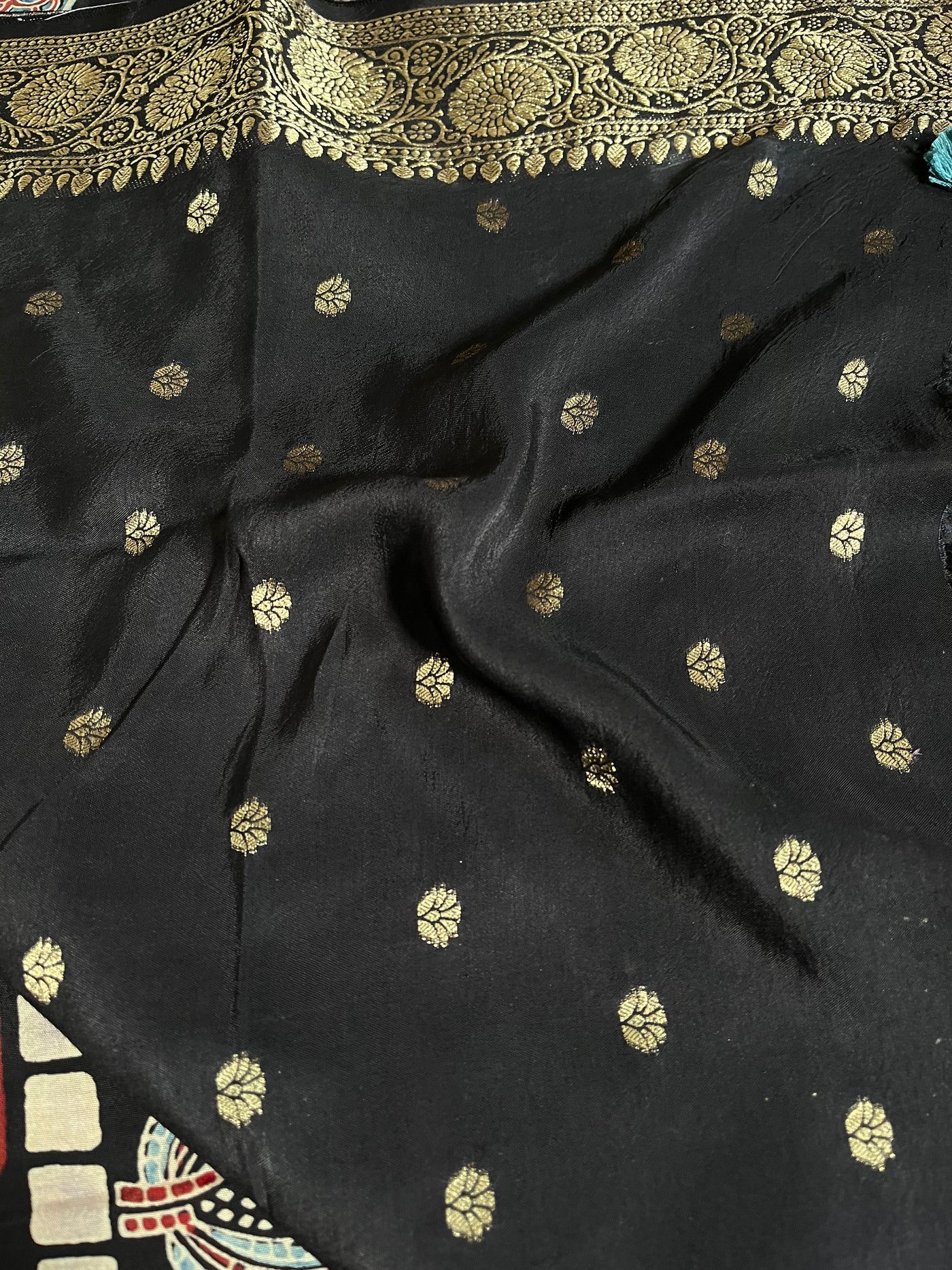 JULI: Handblock Ajrakh Dola Silk Saree with Meenakari Pallu