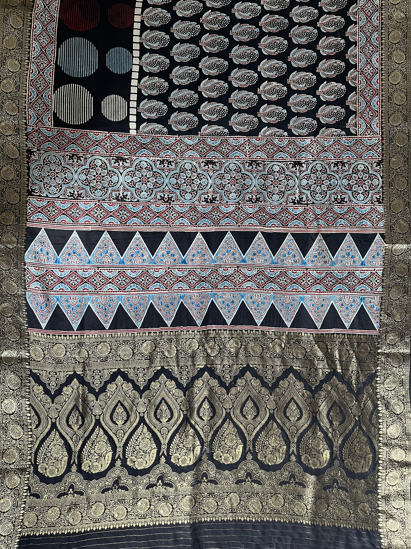 JULI: Handblock Ajrakh Dola Silk Saree with Meenakari Pallu