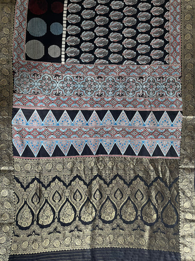 JULI: Handblock Ajrakh Dola Silk Saree with Meenakari Pallu