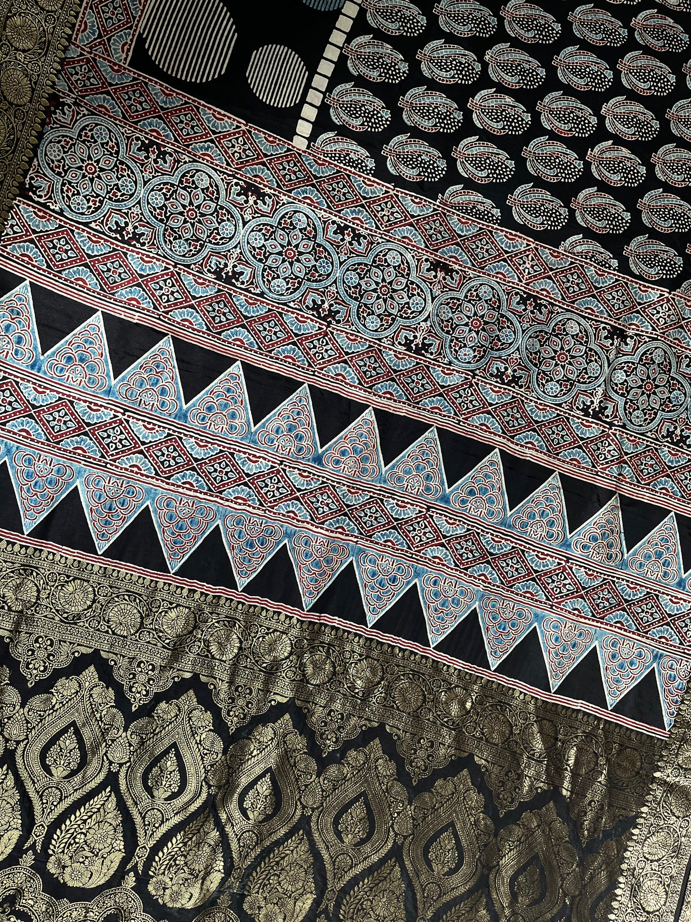 JULI: Handblock Ajrakh Dola Silk Saree with Meenakari Pallu