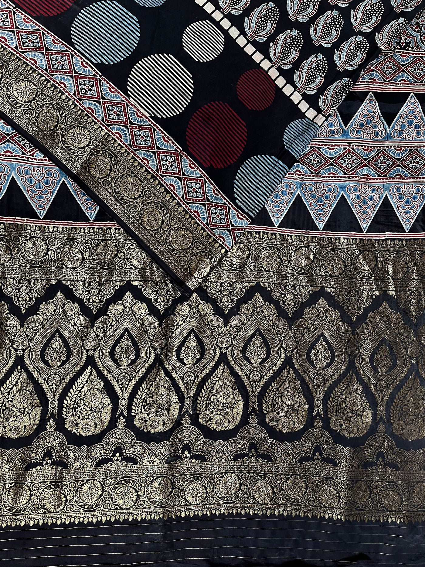 JULI: Handblock Ajrakh Dola Silk Saree with Meenakari Pallu
