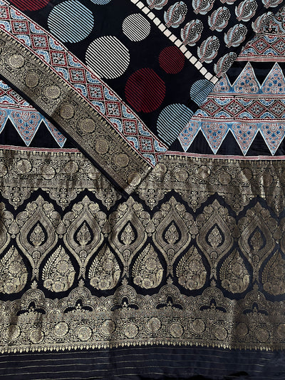JULI: Handblock Ajrakh Dola Silk Saree with Meenakari Pallu