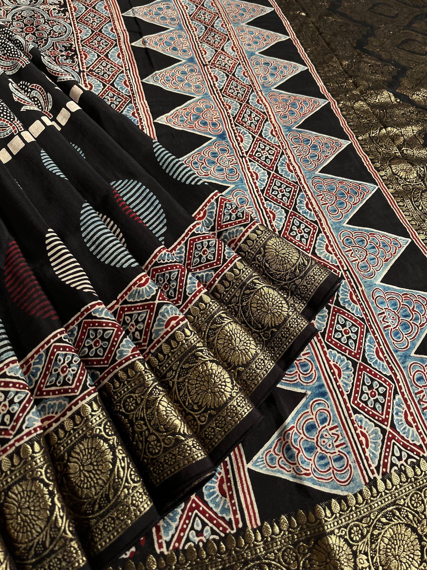 JULI: Handblock Ajrakh Dola Silk Saree with Meenakari Pallu