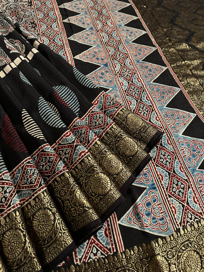JULI: Handblock Ajrakh Dola Silk Saree with Meenakari Pallu