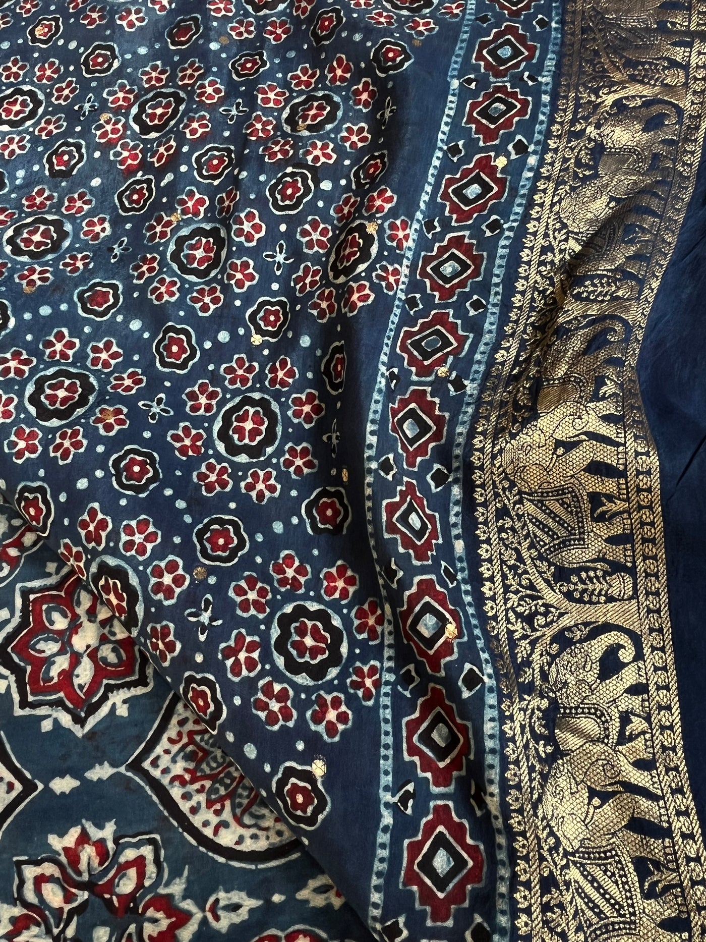 ADITI: Handblock Ajrakh Dola Silk Saree with Meenakari Pallu