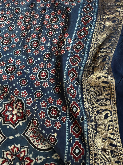 ADITI: Handblock Ajrakh Dola Silk Saree with Meenakari Pallu
