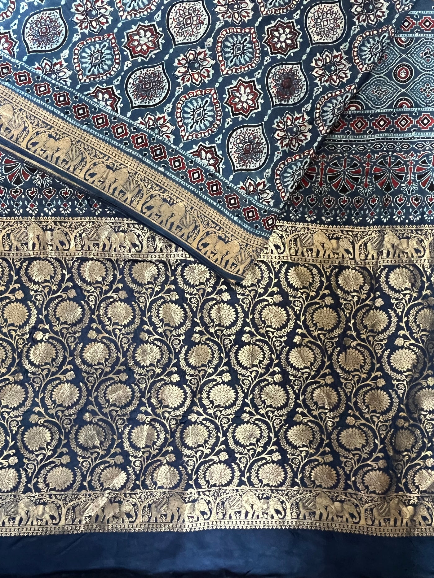 ADITI: Handblock Ajrakh Dola Silk Saree with Meenakari Pallu