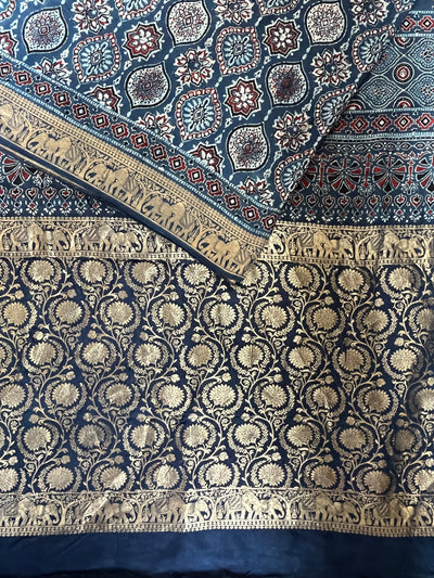 ADITI: Handblock Ajrakh Dola Silk Saree with Meenakari Pallu