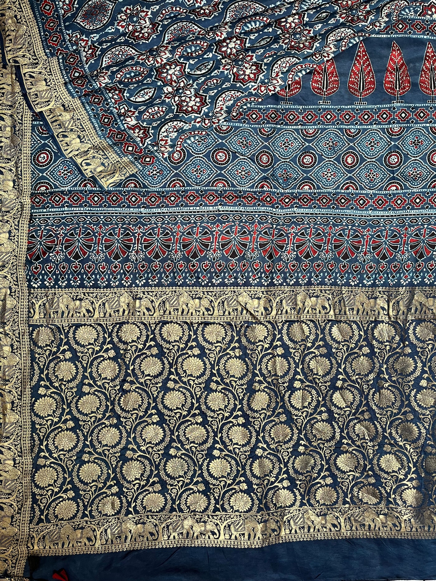 ADITI: Handblock Ajrakh Dola Silk Saree with Meenakari Pallu