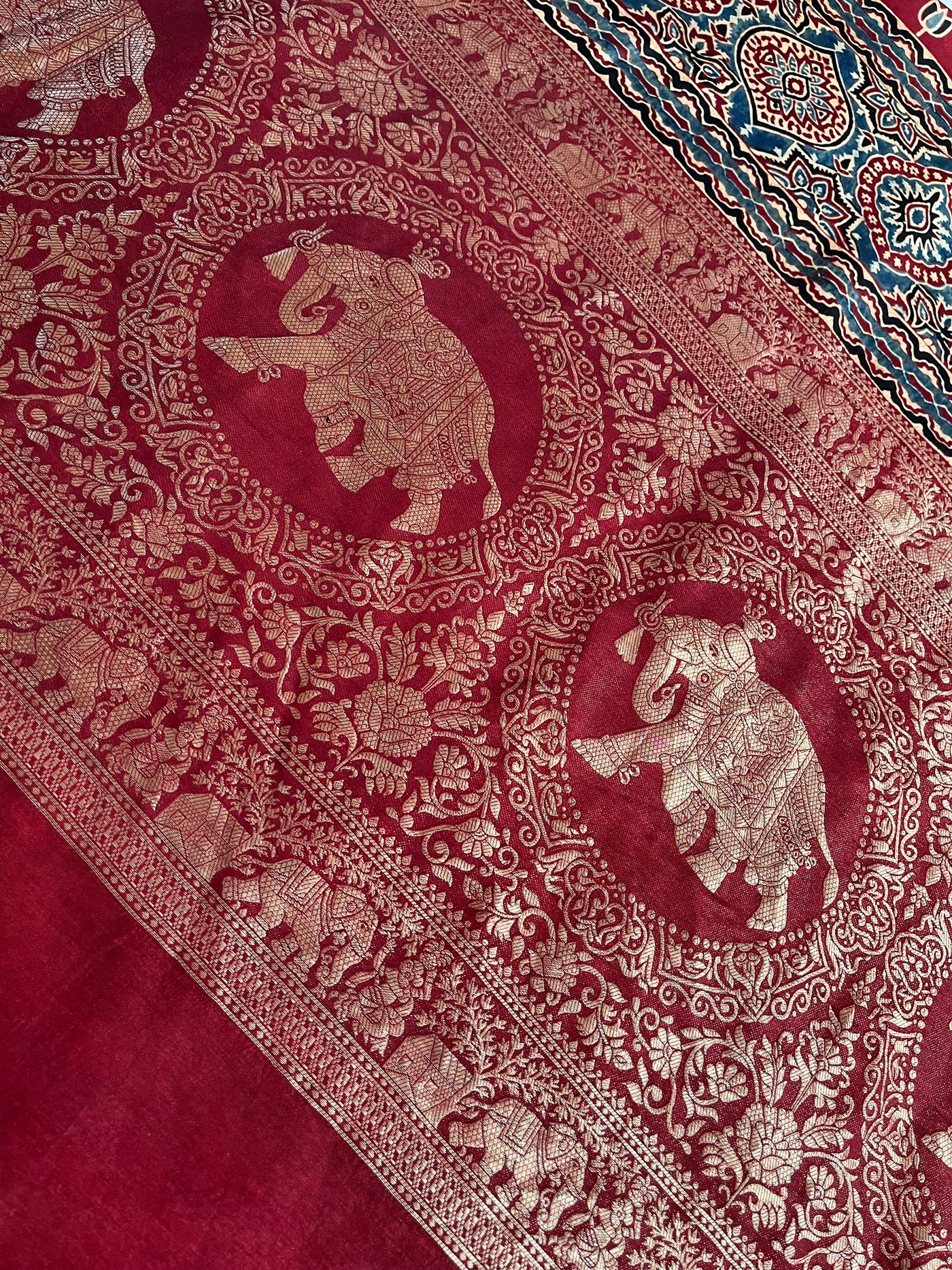 PREETA: Handblock Ajrakh Dola Silk Saree with Meenakari Pallu
