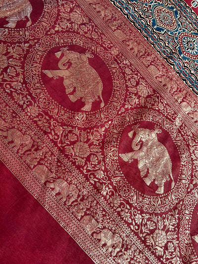 PREETA: Handblock Ajrakh Dola Silk Saree with Meenakari Pallu