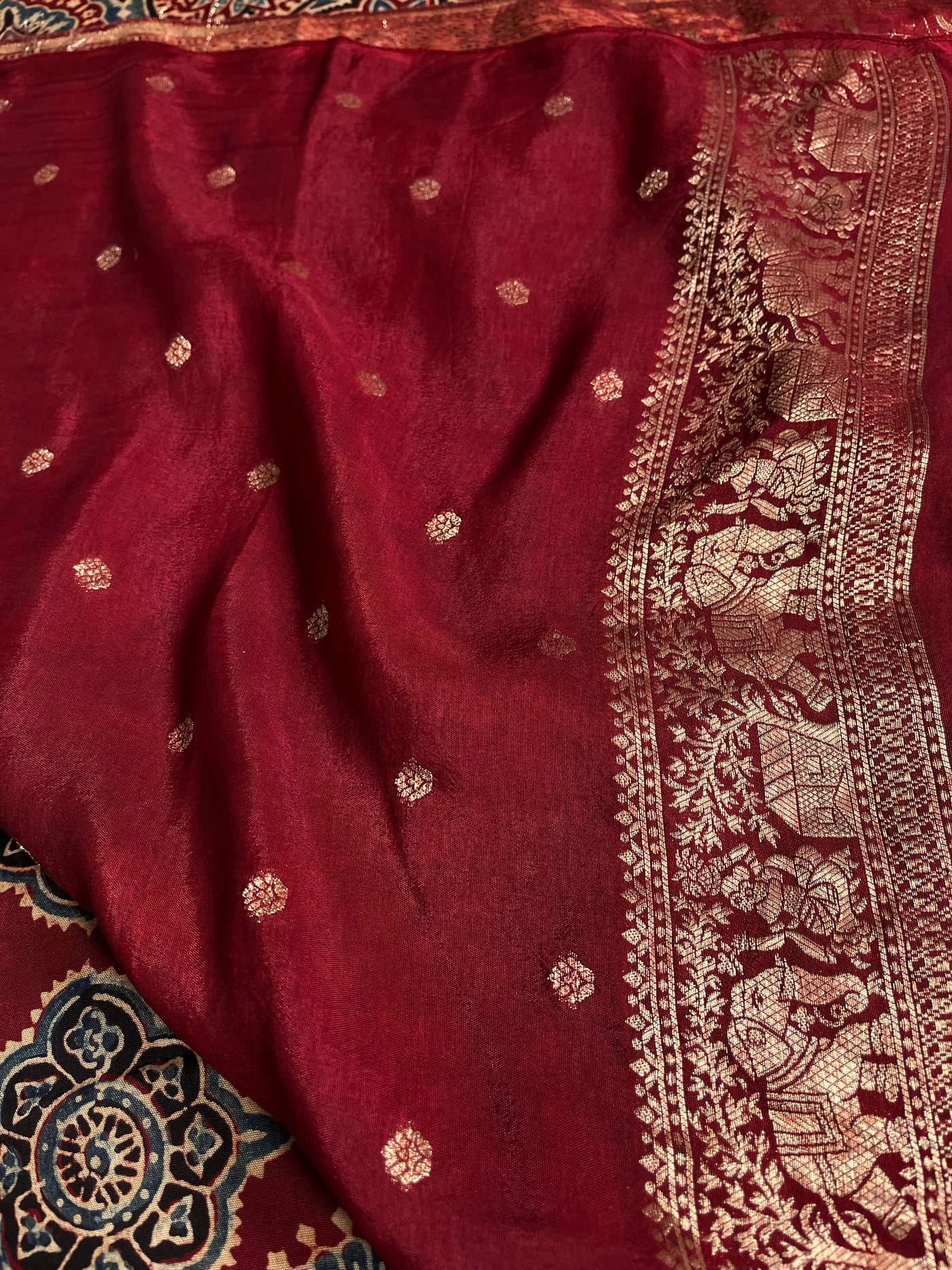 PREETA: Handblock Ajrakh Dola Silk Saree with Meenakari Pallu