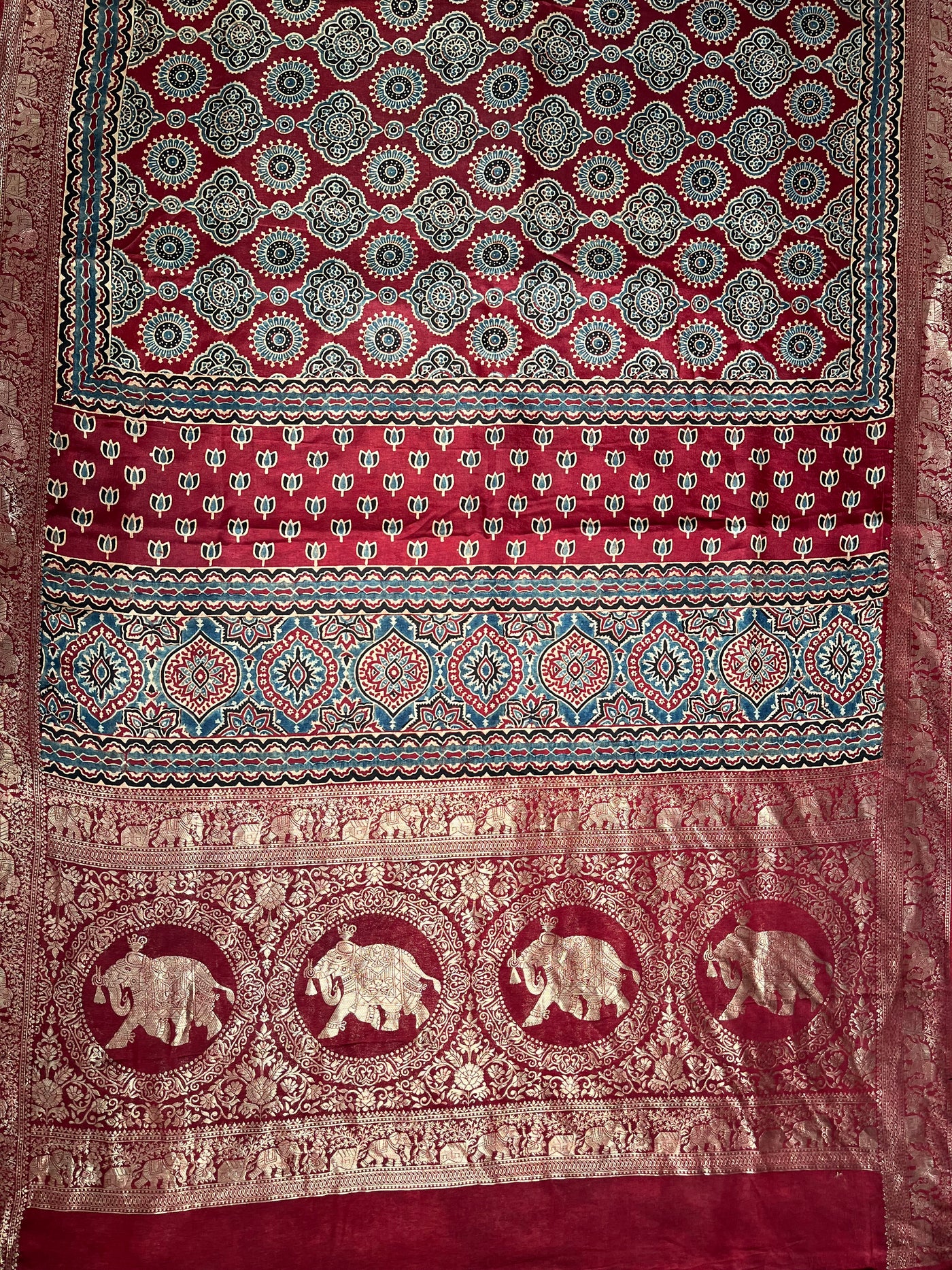 PREETA: Handblock Ajrakh Dola Silk Saree with Meenakari Pallu