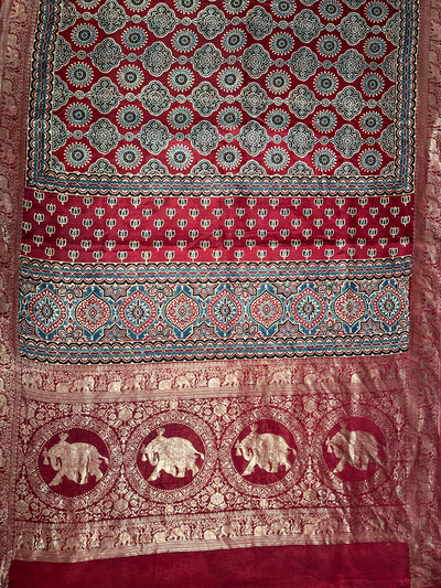 PREETA: Handblock Ajrakh Dola Silk Saree with Meenakari Pallu
