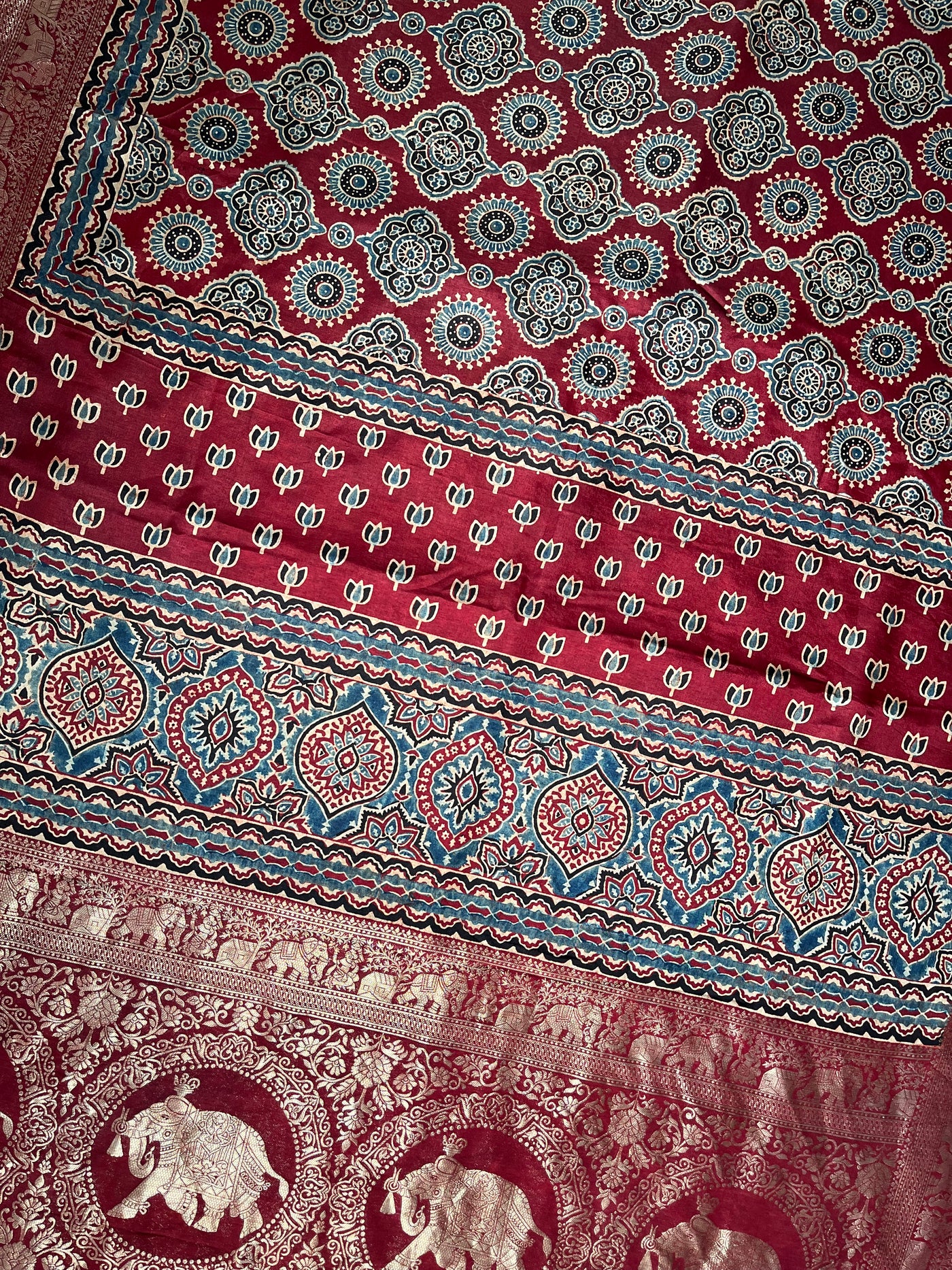 PREETA: Handblock Ajrakh Dola Silk Saree with Meenakari Pallu