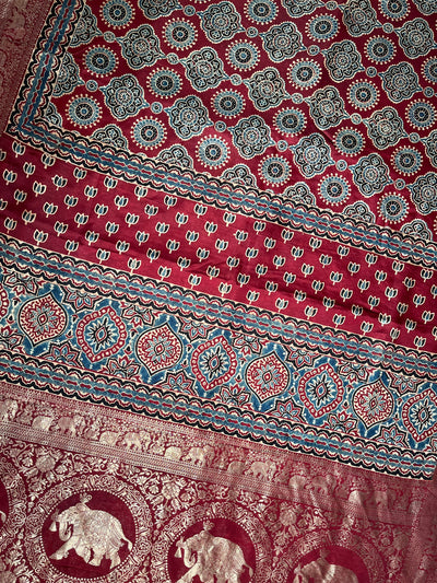 PREETA: Handblock Ajrakh Dola Silk Saree with Meenakari Pallu