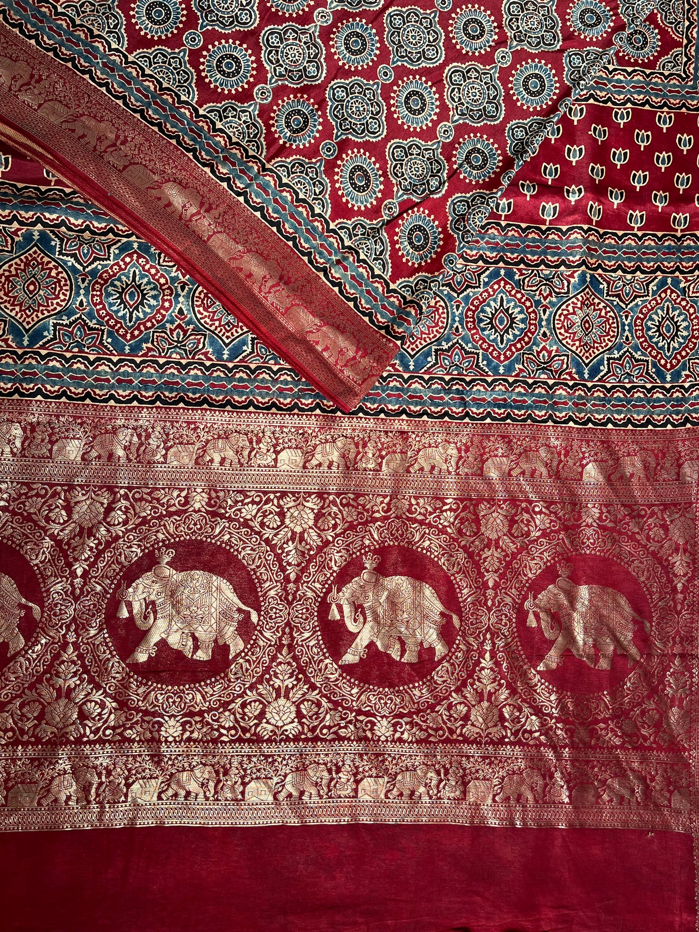 PREETA: Handblock Ajrakh Dola Silk Saree with Meenakari Pallu