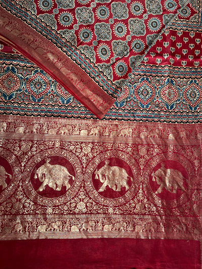 PREETA: Handblock Ajrakh Dola Silk Saree with Meenakari Pallu