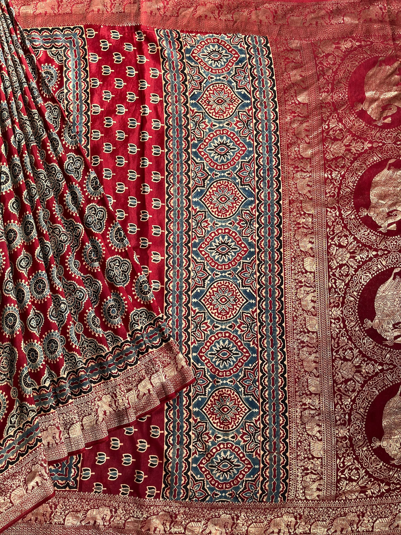 PREETA: Handblock Ajrakh Dola Silk Saree with Meenakari Pallu