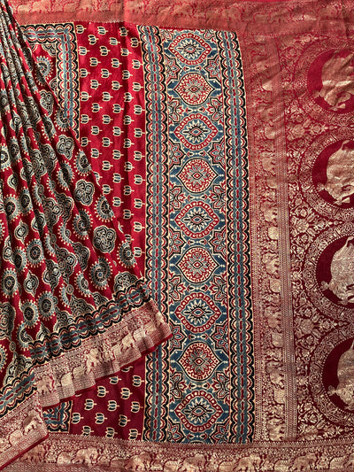 PREETA: Handblock Ajrakh Dola Silk Saree with Meenakari Pallu