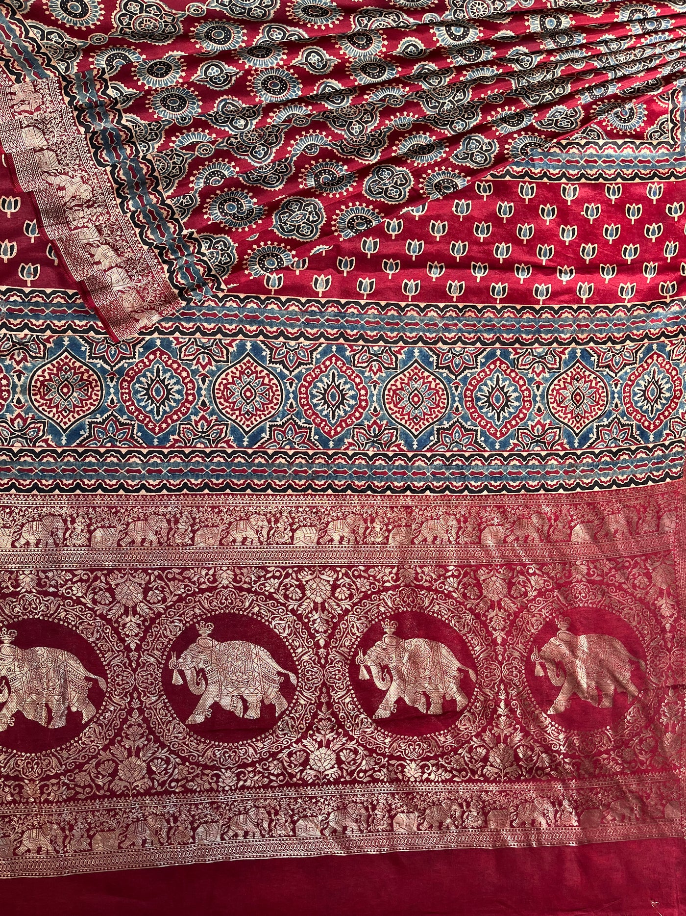 PREETA: Handblock Ajrakh Dola Silk Saree with Meenakari Pallu