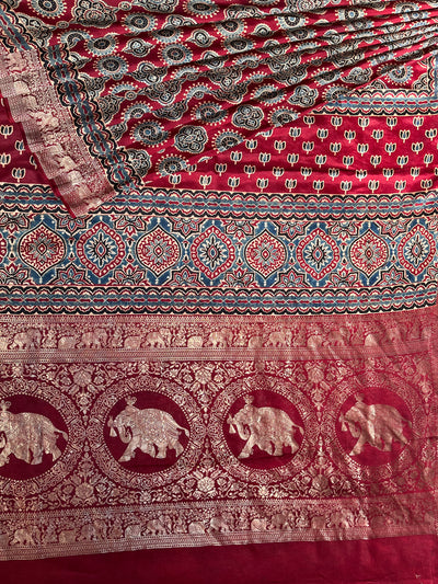 PREETA: Handblock Ajrakh Dola Silk Saree with Meenakari Pallu