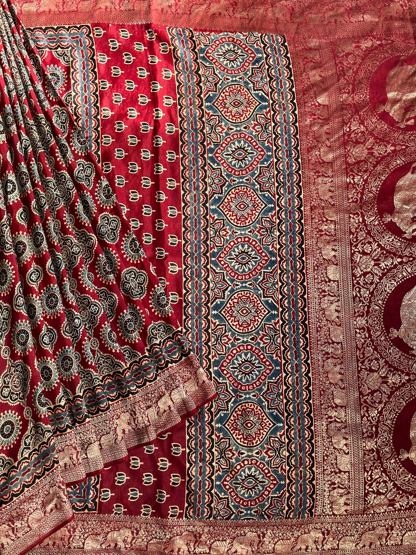 PREETA: Handblock Ajrakh Dola Silk Saree with Meenakari Pallu