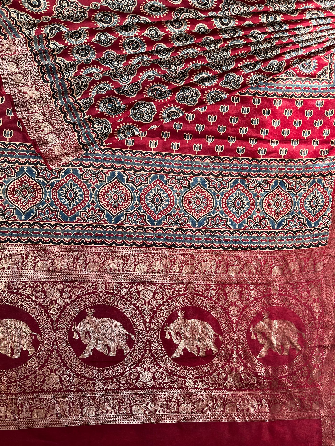 PREETA: Handblock Ajrakh Dola Silk Saree with Meenakari Pallu