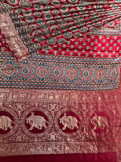 PREETA: Handblock Ajrakh Dola Silk Saree with Meenakari Pallu