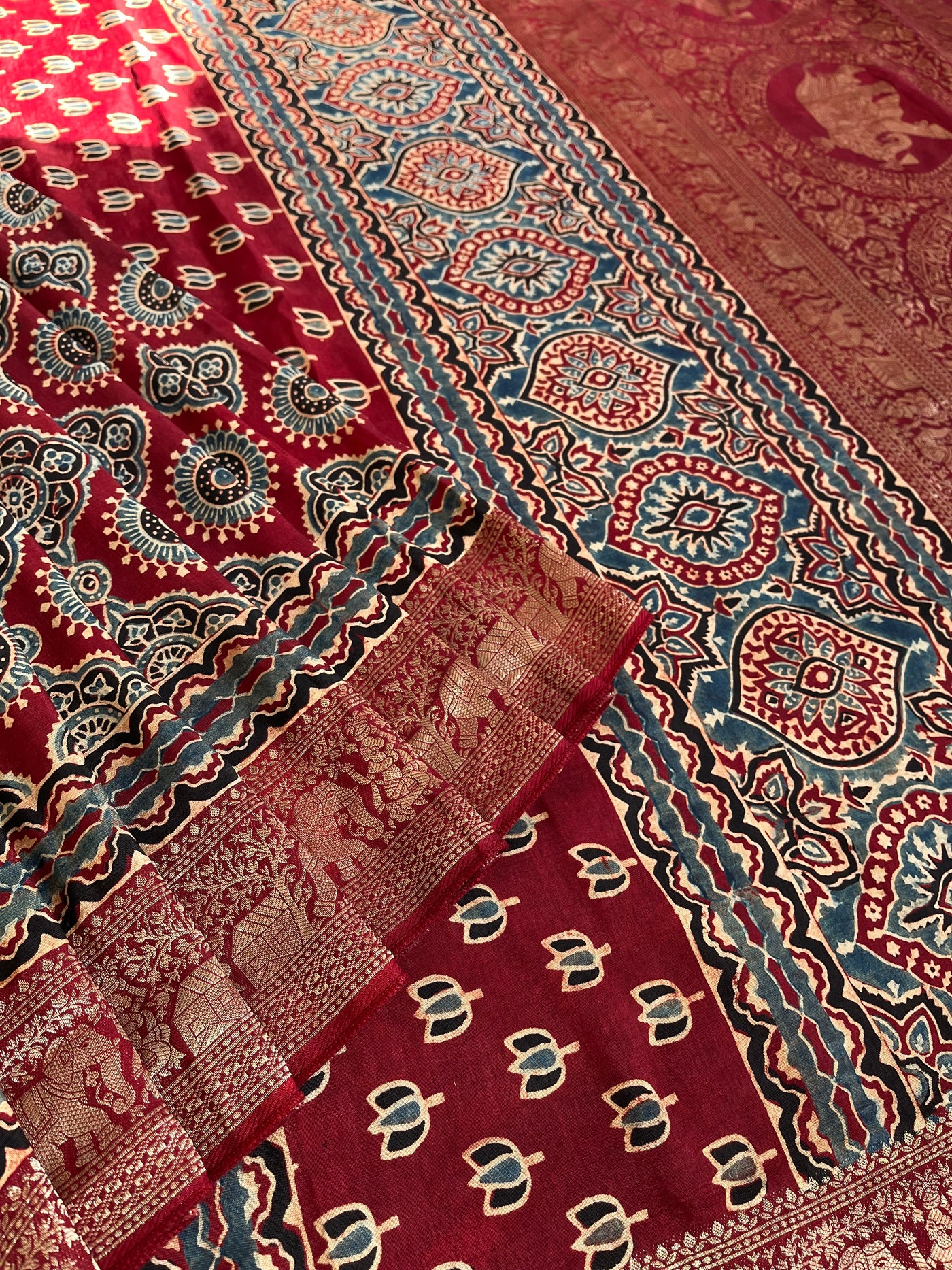 PREETA: Handblock Ajrakh Dola Silk Saree with Meenakari Pallu