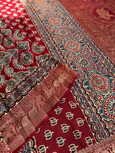 PREETA: Handblock Ajrakh Dola Silk Saree with Meenakari Pallu