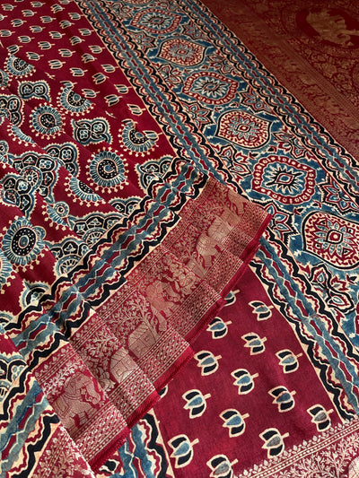 PREETA: Handblock Ajrakh Dola Silk Saree with Meenakari Pallu