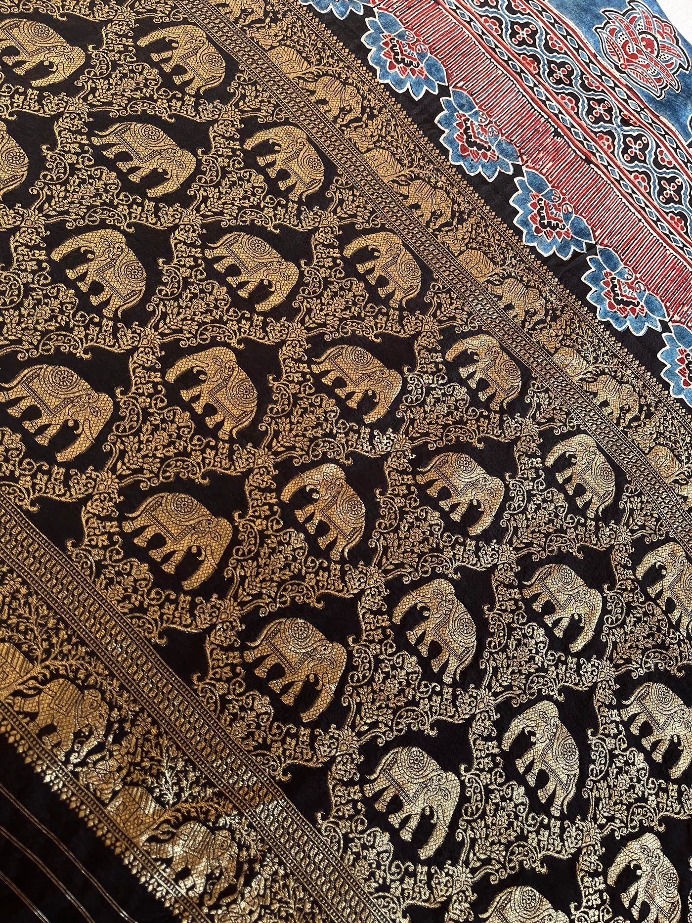 PAYAL: Handblock Ajrakh Dola Silk Saree with Meenakari Pallu