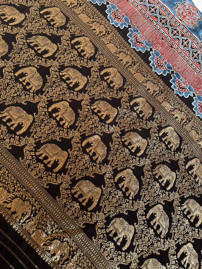 PAYAL: Handblock Ajrakh Dola Silk Saree with Meenakari Pallu