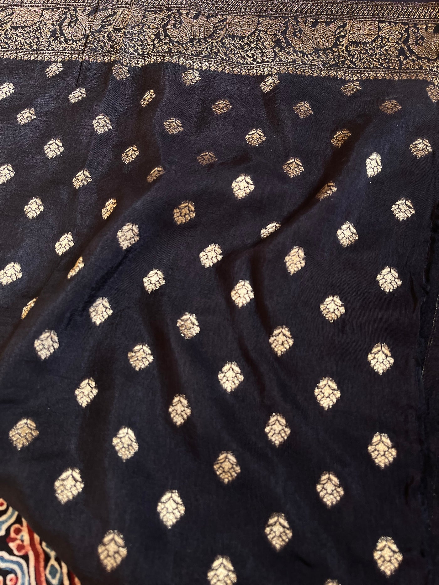 PAYAL: Handblock Ajrakh Dola Silk Saree with Meenakari Pallu