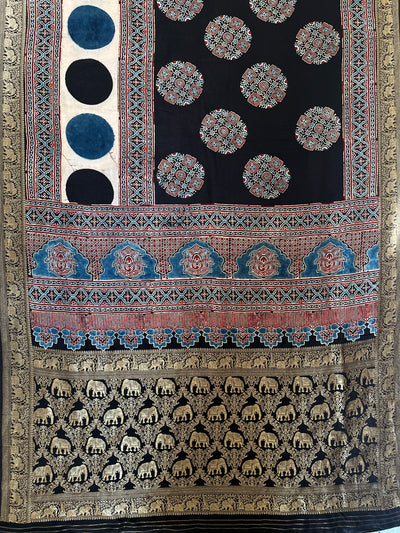 PAYAL: Handblock Ajrakh Dola Silk Saree with Meenakari Pallu