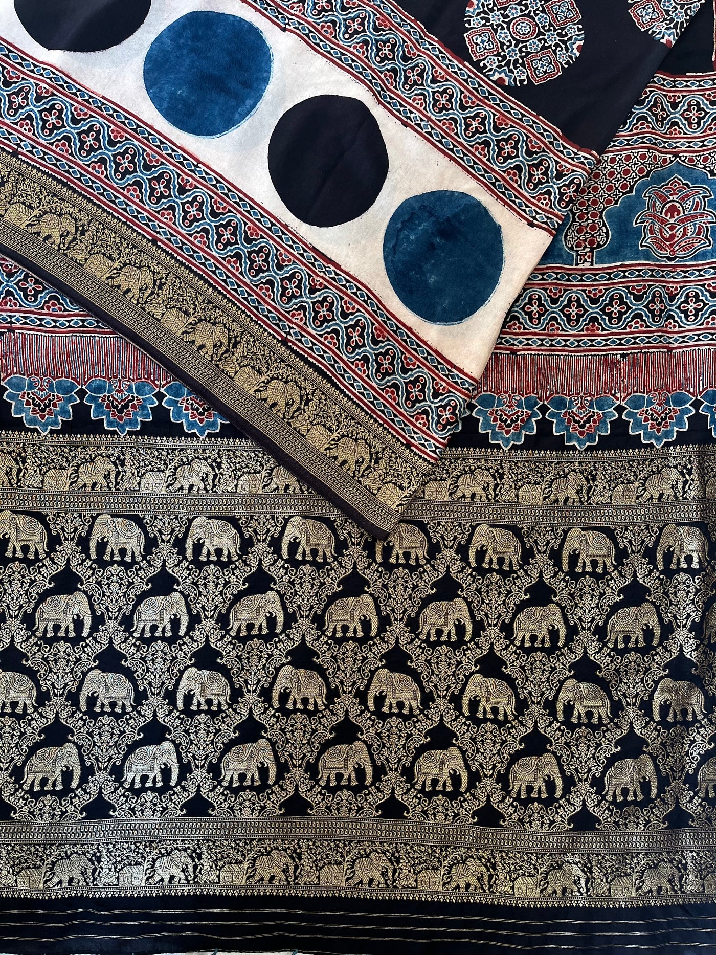 PAYAL: Handblock Ajrakh Dola Silk Saree with Meenakari Pallu