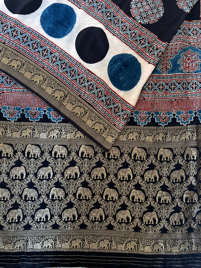 PAYAL: Handblock Ajrakh Dola Silk Saree with Meenakari Pallu