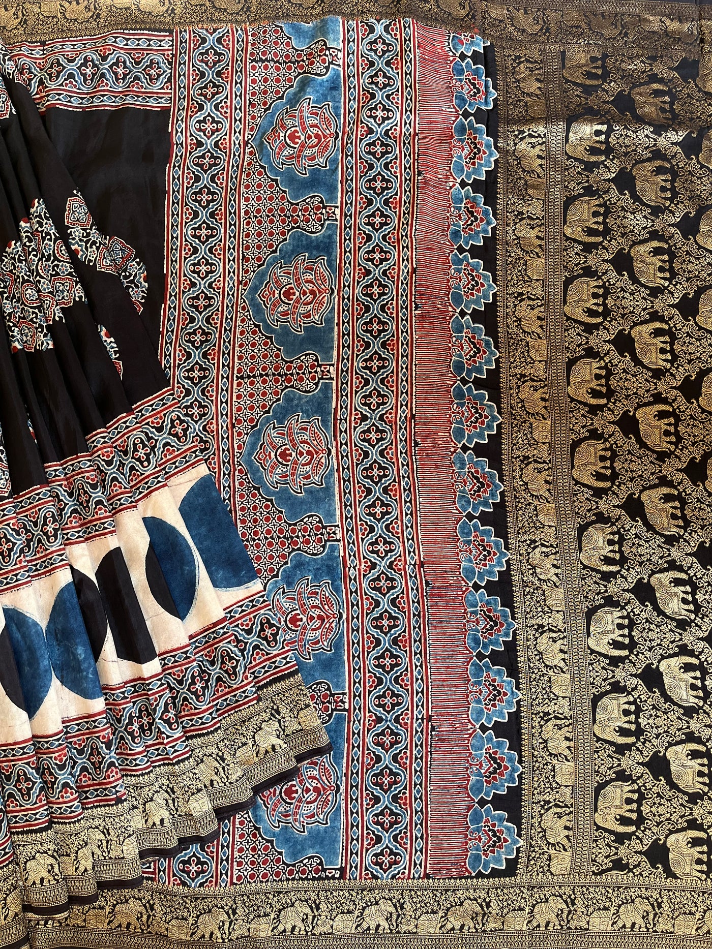 PAYAL: Handblock Ajrakh Dola Silk Saree with Meenakari Pallu