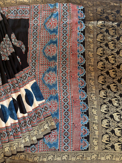 PAYAL: Handblock Ajrakh Dola Silk Saree with Meenakari Pallu