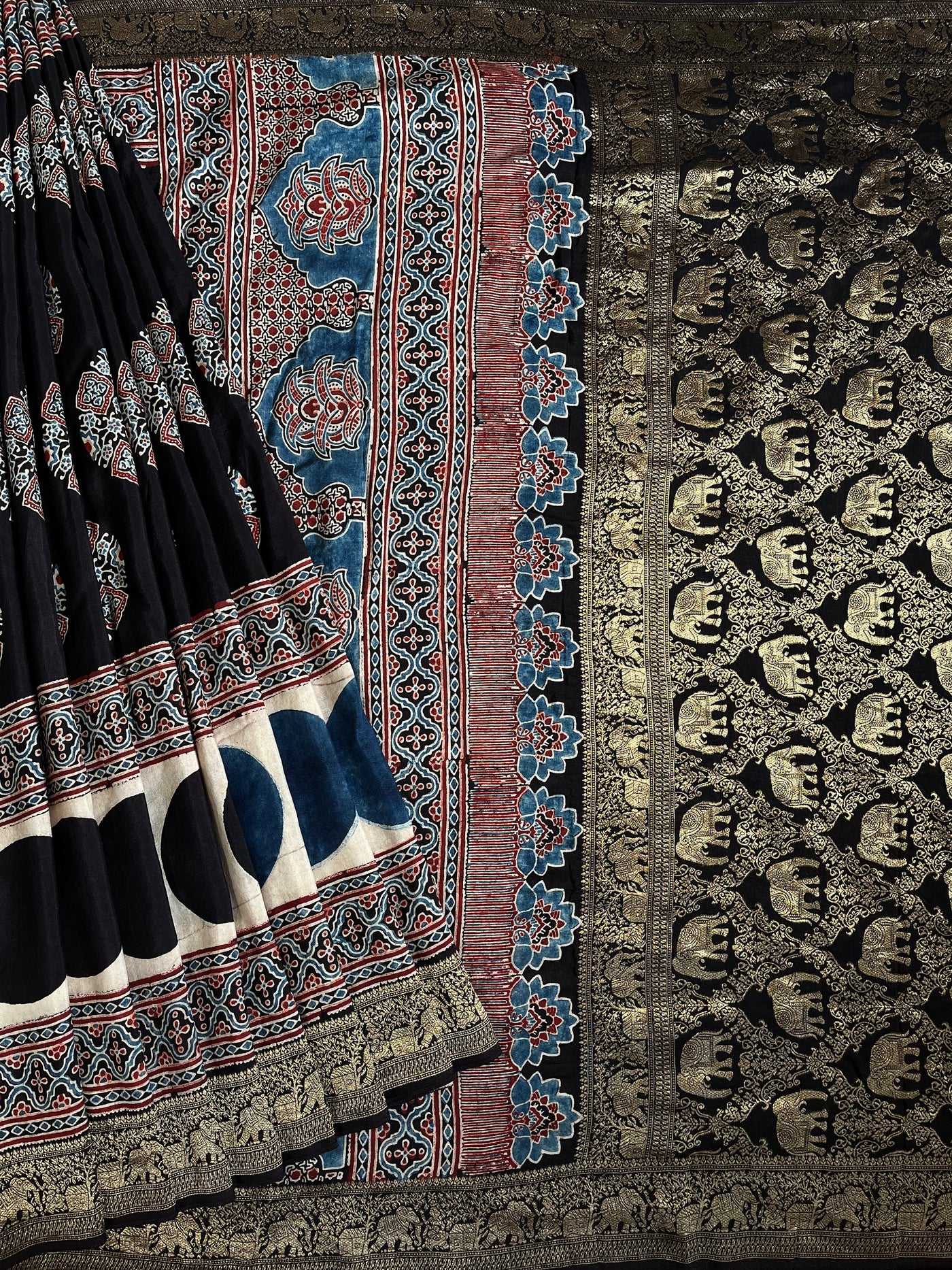 PAYAL: Handblock Ajrakh Dola Silk Saree with Meenakari Pallu