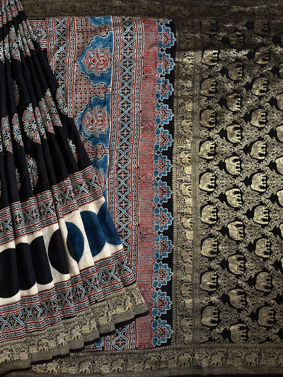 PAYAL: Handblock Ajrakh Dola Silk Saree with Meenakari Pallu