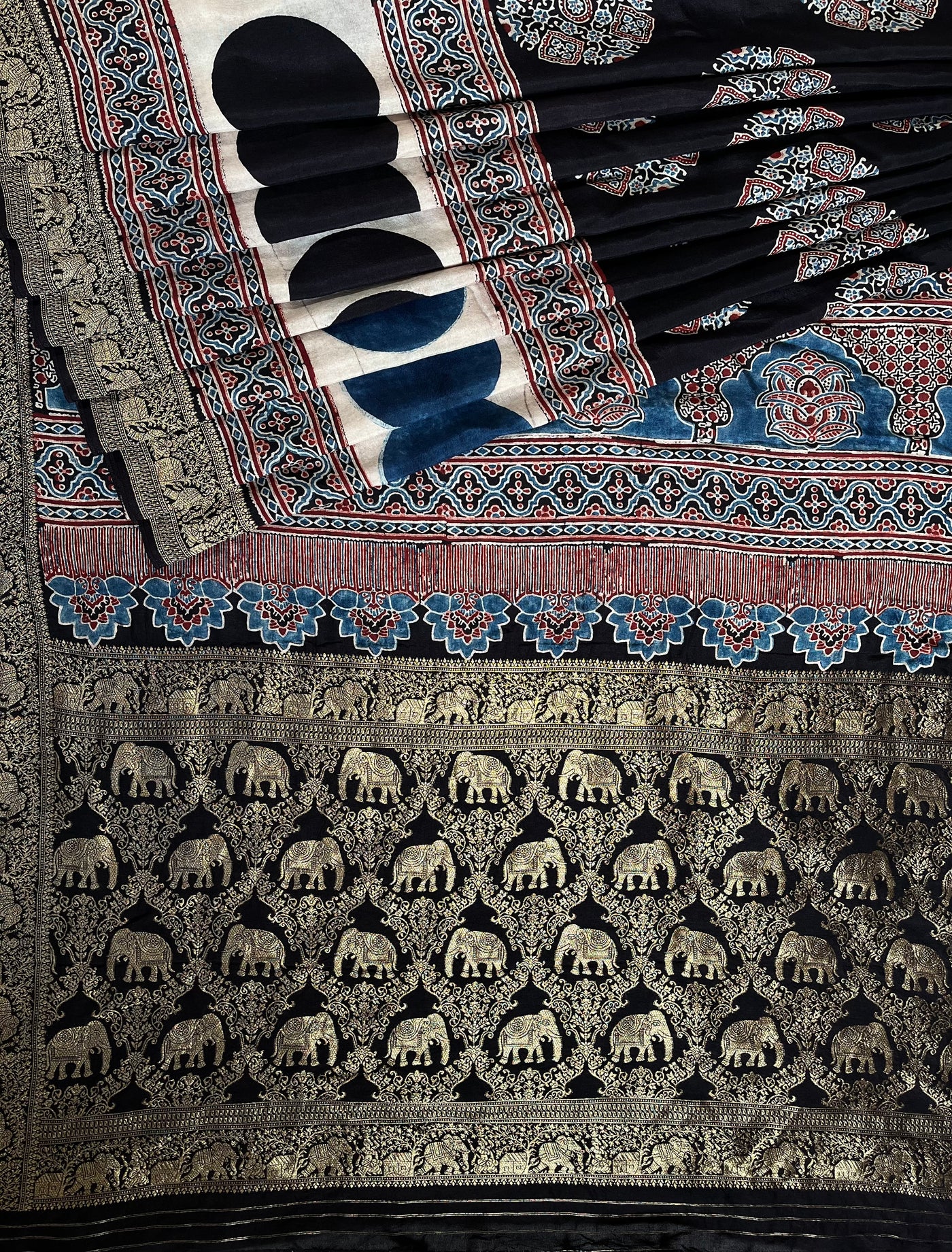 PAYAL: Handblock Ajrakh Dola Silk Saree with Meenakari Pallu