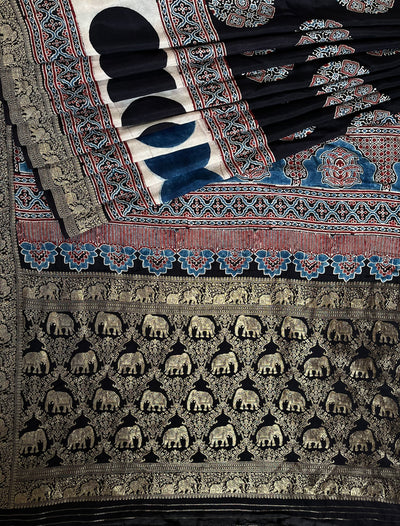 PAYAL: Handblock Ajrakh Dola Silk Saree with Meenakari Pallu