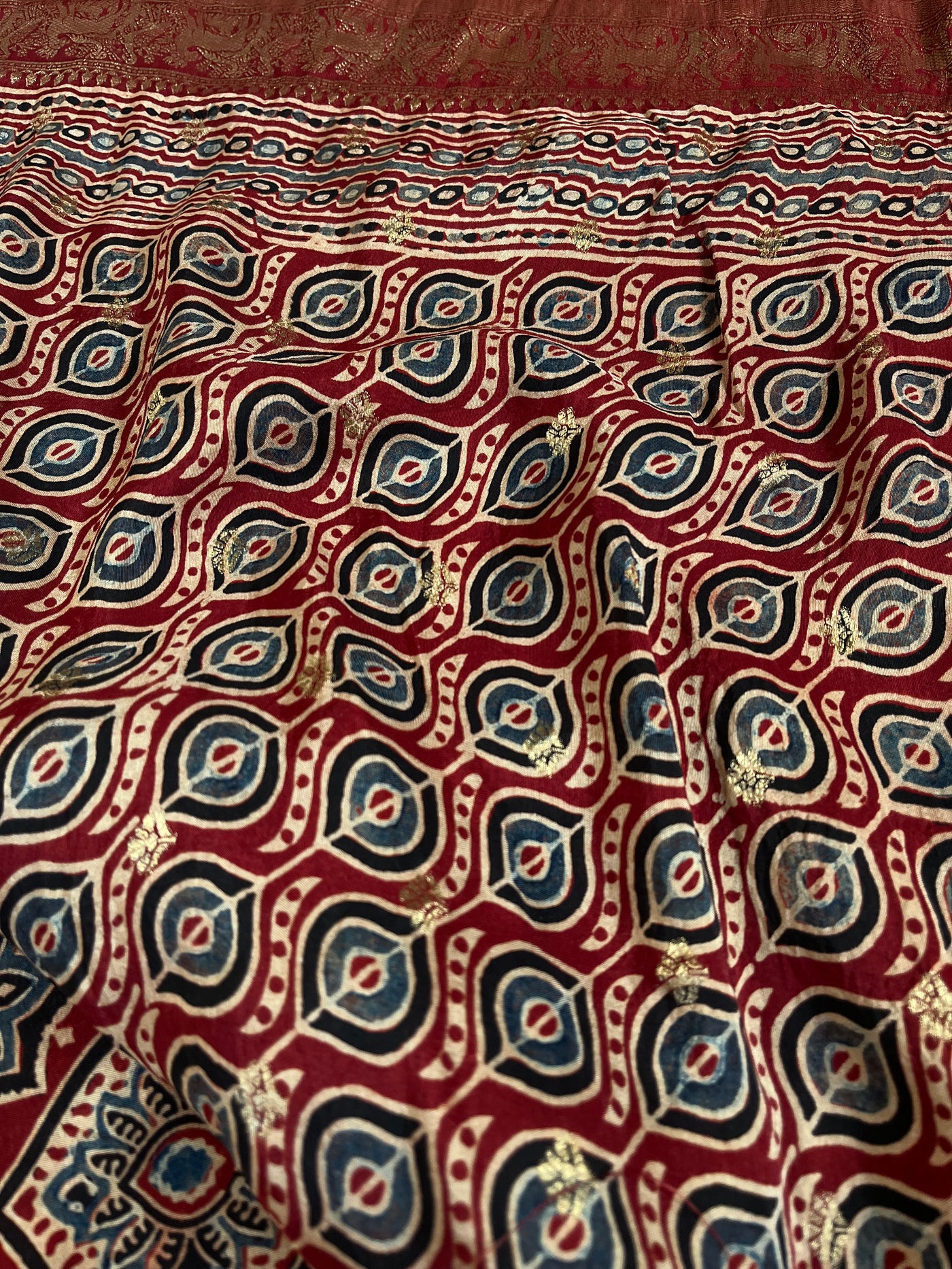 TANYA: Handblock Ajrakh Dola Silk Saree with Meenakari Pallu